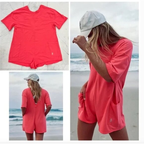 Free People Hot Shot Tee Romper Electric Sunset Coral Pink Oversized XS/S NWOT - Picture 2 of 12